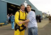 22 April 2006; Former Galway hurler Joe Connolly is wished the best of luck by current Galway hurler Alan Kerins, before a tandem parachute jump in aid of the Alan Kerins African Projects, Irish Parachute Club, Clonbullogue, Co. Offaly. Picture credit: Damien Eagers / SPORTSFILE