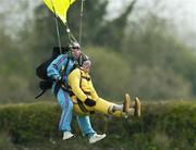 22 April 2006; Former Galway hurler Joe Connolly lands with the help of tandem master John Byrnes in aid of the Alan Kerins African Projects, Irish Parachute Club, Clonbullogue, Co. Offaly. Picture credit: Damien Eagers / SPORTSFILE