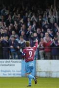 28 April 2006; Declan O'Brien, Drogheda United, celebrates in front of the home fans after scoring his side's first goal. eircom League, Premier Division, Drogheda United v Longford Town, United Park, Drogheda, Co. Louth. Picture credit: Brian Lawless / SPORTSFILE