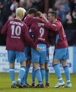 28 April 2006; Declan O'Brien,9, Drogheda United, is congratulated by team-mates Glen Fitzpatrick,10, Graham Gartland and Keith Fahey, right, after scoring his side's first goal. eircom League, Premier Division, Drogheda United v Longford Town, United Park, Drogheda, Co. Louth. Picture credit: Brian Lawless / SPORTSFILE