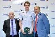 8 June 2013; Mark Ryan, UCD Marian / St Conleths, Dublin, is presented with his Under 18 Boy's International Cap by Ger Tarrant, I.A.C, left, and Gerry Kelly, President of Basketball Ireland. Basketball Ireland Annual Awards 2012/2013, National Basketball Arena, Tallaght, Dublin. Picture credit: Barry Cregg / SPORTSFILE