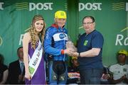 20 May 2014; On the podium after Stage 3 of the 2014 An Post Rás are, from left, Miss An Post Rás Charleville, Laura Dundon, Damien Shaw, Cork Aquablue, and Tony Campbell. Lisdoonvarna - Charleville.  Picture credit: Ramsey Cardy / SPORTSFILE