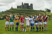 27 May 2014; U-21 hurling stars, from left to right, Tom Aylward, Kilkenny, Dan Morrissey, Limerick, Tony Kelly, Clare, Alan Cadogan, Cork, Stephen McAfee, Antrim, Jake Dillon, Waterford, Jason Forde, Tipperary, Jack Guiney, Wexford, and Johnny Glynn, Galway, pictured at the launch of the 2014 Bord Gáis Energy GAA Hurling U-21 All-Ireland Championship at the Rock of Cashel. The Championship gets under way tonight, Wednesday, 28th May when Dublin face Laois in Parnell Park at 7.30pm. For all the latest Championship news, fixtures and results visit www.BGEu21.ie. Rock of Cashel, Cashel, Co. Tipperary. Picture credit: Diarmuid Greene / SPORTSFILE