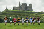 27 May 2014; U-21 hurling stars, from left to right, Tom Aylward, Kilkenny, Dan Morrissey, Limerick, Tony Kelly, Clare, Alan Cadogan, Cork, Stephen McAfee, Antrim, Jake Dillon, Waterford, Jason Forde, Tipperary, Jack Guiney, Wexford, and Johnny Glynn, Galway, pictured at the launch of the 2014 Bord Gáis Energy GAA Hurling U-21 All-Ireland Championship at the Rock of Cashel. The Championship gets under way tonight, Wednesday, 28th May when Dublin face Laois in Parnell Park at 7.30pm. For all the latest Championship news, fixtures and results visit www.BGEu21.ie. Rock of Cashel, Cashel, Co. Tipperary. Picture credit: Diarmuid Greene / SPORTSFILE