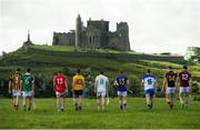 27 May 2014; U-21 hurling stars, from left to right, Tom Aylward, Kilkenny, Dan Morrissey, Limerick, Alan Cadogan, Cork, Tony Kelly, Clare, Stephen McAfee, Antrim, Jason Forde, Tipperary, Jake Dillon, Waterford, Jack Guiney, Wexford, and Johnny Glynn, Galway, pictured at the launch of the 2014 Bord Gáis Energy GAA Hurling U-21 All-Ireland Championship at the Rock of Cashel. The Championship gets under way tonight, Wednesday, 28th May when Dublin face Laois in Parnell Park at 7.30pm. For all the latest Championship news, fixtures and results visit www.BGEu21.ie. Rock of Cashel, Cashel, Co. Tipperary. Picture credit: Diarmuid Greene / SPORTSFILE