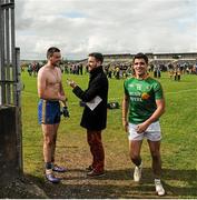 18 May 2014; Leitrim's Emlyn Mulligan, right, shares a joke with Roscommon's Donie Shine, as he is interviewed by Daragh Small, Media West, after the game. Connacht GAA Football Senior Championship Quarter-Final, Roscommon v Leitrim, Dr. Hyde Park, Roscommon. Picture credit: Piaras Ó Mídheach / SPORTSFILE