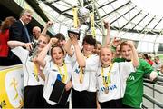 28 May 2014; The Scoil Cholmcille, Greencastle, Inishowen, Co. Donegal team celebrate with the cup after winning Section A Girl's Aviva Health FAI Primary School 5’s National Finals, Aviva Stadium, Lansdowne Road, Dublin. Picture credit: Pat Murphy / SPORTSFILE