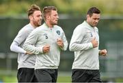 30 May 2014; Republic of Ireland's Anthony Pilkingon, Richard Keogh and Damian Delaney during squad training ahead of their international friendly against Italy on Saturday. Republic of Ireland Squad Training, Gannon Park, Malahide, Co. Dublin. Picture credit: David Maher / SPORTSFILE