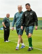 30 May 2014; Republic of Ireland assistant manager Roy Keane, right, with goalkeeping coach Seamus McDonagh at the end of squad training ahead of their international friendly against Italy on Saturday. Republic of Ireland Squad Training, Gannon Park, Malahide, Co. Dublin. Picture credit: David Maher / SPORTSFILE