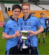 3 May 2014; Dublin's Conor Mullally, left, and Niall Walsh celebrate with the cup after the game. Cadbury GAA Football All-Ireland U21 Championship Final, Dublin v Roscommon, O'Connor Park, Tullamore, Co. Offaly. Picture credit: Ray McManus / SPORTSFILE