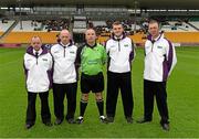 3 May 2014; Referee Colm McManus, centre, with his umpires before the game. TESCO Ladies National Football League Division 4 Final, Antrim v Roscommon, O'Connor Park, Tullamore, Co. Offaly. Picture credit: Ray McManus / SPORTSFILE