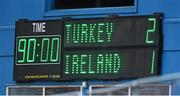 30 May 2014; A view of the scoreboard at the final whistle. UEFA European U19 Championship 2013/14, Qualifying Round Elite Phase, Republic of Ireland v Turkey, Tallaght Stadium, Tallaght, Co. Dublin. Picture credit: Pat Murphy / SPORTSFILE