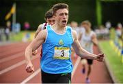 31 May 2014; Harry Purcell, Castleknock College, Dublin, celebrates winning the Senior Boys 800m event, where he set a new record of 1:49.42. The Aviva All-Ireland Schools Track and Field Championships. Tullamore Harriers, Tullamore, Co. Offaly. Picture credit: Tomás Greally / SPORTSFILE