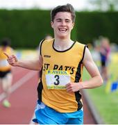 31 May 2014; Kevin McGrath, St. Pat's Navan, celebrates after winning the Boys Mile Under 16 event. The Aviva All-Ireland Schools Track and Field Championships. Tullamore Harriers, Tullamore, Co. Offaly. Picture credit: Tomás Greally / SPORTSFILE