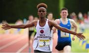 31 May 2014; Mustafa Nasir, HFCS Rathcoole, Co. Dublin, celebrates winning the Inter Boys 800m event. The Aviva All-Ireland Schools Track and Field Championships. Tullamore Harriers, Tullamore, Co. Offaly. Picture credit: Tomás Greally / SPORTSFILE
