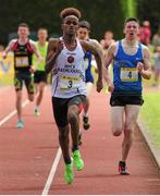 31 May 2014; Mustafa Nasir, 3, HFCS Rathcoole, Co. Dublin, on his way to winning the Inter Boys 800m event, from Garry Campbell, Dundalk Grammer, Co. Louth. The Aviva All-Ireland Schools Track and Field Championships. Tullamore Harriers, Tullamore, Co. Offaly. Picture credit: Tomás Greally / SPORTSFILE
