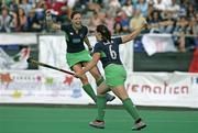 1 May 2006; Ireland goalscorer Eimear Cregan (6) and team-mate Bridget McKeever celebrate after Cregan scored Ireland's equalising goal with 12 mins left in the game. Samsung Women's Hockey World Cup Qualifier, Ireland v Italy, Rome, Italy. Picture credit: SPORTSFILE
