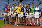 3 May 2006; ‘Immortality Beckons’ for the winner of the Liam MacCarthy Cup. Pictured officially launching the 2006 Guinness All-Ireland Senior Hurling Championship, are captains, from left, Ger O'Grady, Tipperary, Pat Mulcahy, Cork, Paul Flynn, Waterford, Brendan Murphy, Offaly, Jackie Tyrrell, Kilkenny, Sean McMahon, Clare, Karl McKeegan, Antrim, Keith Rossiter, Wexford, Philip Brennan, Dublin, Liam Donoghue, Galway, TJ Ryan, Limerick, and Patrick Mullaney, Laois. This year’s Guinness advertising campaign for the Hurling Championship focuses on how winning the Liam MacCarthy Cup will immortalise the team in Irish sporting history, alongside all the previous winners. Picture credit: Brendan Moran / SPORTSFILE