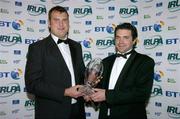 3 May 2006; Former Ireland, Ulster and Dungannon lock Jeremy Davidson is presented with the Hooke and McDonald Hall of Fame award by Brian Carey of Hooke and McDonald during the BT IRUPA Rugby Players Awards 2006 ceremony. Burlington Hotel, Dublin. Picture credit; Brendan Moran / SPORTSFILE
