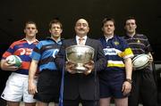 9 May 2006; Jim Kelly, Head of Sponsorship, AIB, with team Division 1 Final captains Johnny Wickham, left, Clontarf, and Colm McMahon, 2nd from left, Shannon and Division 2 Final captain James Coughlan, 4th from left, Dolphin, and Terenure vice-captain Dermot Quinn, right, at a photocall ahead of the AIB League Division 1, 2 and 3 Finals in Saturday next. AIB Bankcentre, Ballsbridge, Dublin. Picture credit: Brendan Moran / SPORTSFILE