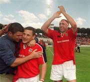 6 May 2000; Munster's Ken O'Connell, left, Jason Holland, centre, and John Langford, celebrate victory over Toulouse. Heineken Cup Semi-Final, Toulouse v Munster, Tolouse, France. Picture credit; Brendan Moran / SPORTSFILE