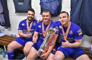 31 May 2014; Leinster players, from left, Martin Moore, Jack McGrath and Aaron Dundon celebrate with the trophy after the game. Celtic League 2013/14 Grand Final, Leinster v Glasgow Warriors, RDS, Ballsbridge, Dublin. Picture credit: Brendan Moran / SPORTSFILE