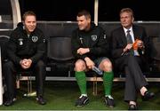 31 May 2014;  Republic of Ireland assistant manager Roy Keane with coaches, Steve Guppy, left and Steve Walford, before the start of the game. International Friendly, Republic of Ireland v Italy, Craven Cottage, Fulham, London, England. Picture credit: David Maher / SPORTSFILE
