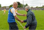 1 June 2014; Antrim manager Liam Bradley shakes hands with Fermanagh manager Pete McGrath at the end of the game. Ulster GAA Football Senior Championship, Quarter-Final, Fermanagh v Antrim, Brewster Park, Enniskillen, Co. Fermanagh. Picture credit: Oliver McVeigh / SPORTSFILE