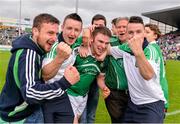 1 June 2014; Richie McCarthy celebrates with Limerick supporters after the game. Munster GAA Hurling Senior Championship, Semi-Final, Tipperary v Limerick, Semple Stadium, Thurles, Co. Tipperary. Picture credit: Ray McManus / SPORTSFILE