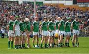 1 June 2014; The Limerick team stand together during the playing of the national anthem. Munster GAA Hurling Senior Championship, Semi-Final, Tipperary v Limerick, Semple Stadium, Thurles, Co. Tipperary. Picture credit: Diarmuid Greene / SPORTSFILE