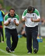 1 June 2014; Limerick manager TJ Ryan and selector Mark Lyons celebrate during the game. Munster GAA Hurling Senior Championship, Semi-Final, Tipperary v Limerick, Semple Stadium, Thurles, Co. Tipperary. Picture credit: Diarmuid Greene / SPORTSFILE