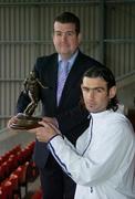 11 May 2006; Jason Gavin of Drogheda United, who was presented with the eircom / Soccer Writers Association of Ireland Player of the Month award for April by Dennis Cousins, eircom. Dublin. Picture credit: Brendan Moran / SPORTSFILE