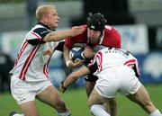 12 May 2006; Stephen Ferris, Ulster, is tackled by Ben McDoughall and Andy Miller, Border Reivers. Celtic League, Ulster v Border Reivers, Ravenhill Park, Belfast. Picture credit: Oliver McVeigh / SPORTSFILE