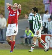 15 May 2006; Jason Byrne, Shelbourne, reacts to a missed goal chance as Alan Bennett, Cork City, looks on. eircom League Premier Division, Cork City v Shelbourne, Turners Cross, Cork. Picture credit: David Maher / SPORTSFILE