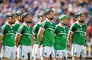 1 June 2014; The Limerick team stand together during the playing of the national anthem. Munster GAA Hurling Senior Championship, Semi-Final, Tipperary v Limerick, Semple Stadium, Thurles, Co. Tipperary. Picture credit: Diarmuid Greene / SPORTSFILE