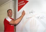 3 June 2014; Ulster and Ireland rugby player Stephen Ferris signs the Ulster Legends wall in the new Ravenhill tunnel on the day he announced his retirement from rugby as a result of a recurring ankle injury. Ravenhill Stadium, Belfast, Co. Antrim. Picture credit: John Dickson / SPORTSFILE