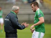 1 June 2014; Peter McGrath, Fermanagh manager giving instructions to Sean Quigley, Fermanagh. Ulster GAA Football Senior Championship, Quarter-Final, Fermanagh v Antrim, Brewster Park, Enniskillen, Co. Fermanagh. Picture credit: Oliver McVeigh / SPORTSFILE