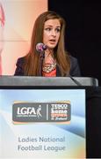 3 June 2014; Lynn Moynihan, Local Marketing Manager, Tesco Ireland, speaking at the 2014 TESCO HomeGrown Ladies National Football Team of the League Presentations. Croke Park, Dublin. Picture credit: Barry Cregg / SPORTSFILE