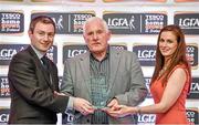 3 June 2014; Cork manager Eamonn Ryan, is presented with the Manager of the League award by Eoin Brannigan, Irish Daily Star and Lynn Moynihan, Local Marketing Manager, Tesco Ireland, during the 2014 TESCO HomeGrown Ladies National Football Team of the League Presentations. Croke Park, Dublin. Picture credit: Barry Cregg / SPORTSFILE