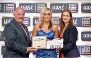 3 June 2014; Áine Tubridy, Antrim, is presented with her Division 4 Team of the League award by Pat Quill, President, Ladies Gaelic Football Association and Lynn Moynihan, Local Marketing Manager, Tesco Ireland, during the 2014 TESCO HomeGrown Ladies National Football Team of the League Presentations. Croke Park, Dublin. Picture credit: Barry Cregg / SPORTSFILE