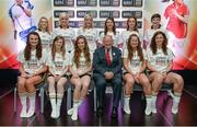 3 June 2014; Pat Quill, President, Ladies Gaelic Football Association, with the Munster girls named in the Team of the League during the 2014 TESCO HomeGrown Ladies National Football Team of the League Presentations. Croke Park, Dublin. Picture credit: Barry Cregg / SPORTSFILE
