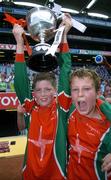 12 May 2006; Captain Rory Gleeson, left, St. Brigid's N.S., Castleknock, lifts the Corn Herald Special Cup with team-mate Shane McGrath. Allianz Cumann na mBunscoil Finals, Division 1 Shield, Senior Hurling Final, St. Brigid's N.S., Castleknock v Bishop Galvin N.S., Templeogue, Croke Park, Dublin. Picture credit: Brian Lawless / SPORTSFILE