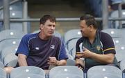 12 May 2006; Former All-Black and Leinster forwards coach Mike Brewer, left, who's son Harrison was playing for Scoil Naomh Olaf, Balally, in conversation with Croke Park employee Tony Watene, from New Zealand. Allianz Cumann na mBunscoil Finals, Corn Ui Mhaolain Final, St. Vincents, Glasnevin v Scoil Naomh Olaf, Croke Park, Dublin. Picture credit: Brian Lawless / SPORTSFILE