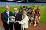 16 May 2006; Gala, Ireland's fastest growing retailer, has been announced as the first commercial sponsor of the All-Ireland Senior Camogie Championship. Pictured is Minister for Arts, Sport and Tourism, John O'Donoghue TD, Tom Keogh, CEO, Gala, and Liz Howard, President, Cumann Camogaiochta na nGael and players from the 6 competing counties, Tipperary, Wexford, Limerick, Galway, Kilkenny and Cork. Croke Park, Dublin. Picture credit: Brendan Moran / SPORTSFILE