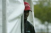 18 May 2006; Michael Campbell, New Zealand, peers out from shelter at the first tee-box during the first round. Nissan Irish Open Golf Championship, Carton House Golf Club, Maynooth, Co. Kildare. Picture credit; Brendan Moran / SPORTSFILE