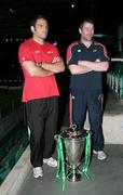19 May 2006; Biarritz captain Thomas Leivermont and Munster captain Anthony foley with the Heineken Cup ahead of the final tomorrow. Millennium Stadium, Cardiff, Wales. Picture credit; Tim Parfitt / SPORTSFILE