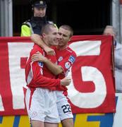 19 May 2006; Colin Hawkins, left, celebrates scoring the opening goal for Shelbourne with team-mate Sean Dillon. eircom League Premier Division, Shelbourne v Bohemians, Tolka Park, Dublin. Picture credit: Ray McManus / SPORTSFILE