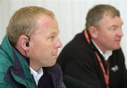 21 May 2006; David Probyn, left, Tournament Director, and Andy McFee, Chief Referee, at a press conference to announce that play would be suspended until tomorrow. Nissan Irish Open Golf Championship. Carton House Golf Club, Maynooth, Co. Kildare. Picture credit; Brian Lawless / SPORTSFILE