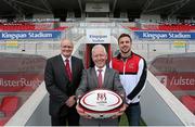 5 June 2014; Pictured are, from left to right, Shane Logan, Chief Executive Ulster Rugby, Pat Freeman, Managing Director of Kingspan Environmental, and Ulster's Tommy Bowe during an announcement of a 10-year agreement with the Kingspan Group for the naming rights to what will now be called Kingspan Stadium, Belfast, Co. Antrim. Picture credit: John Dickson / SPORTSFILE