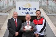 5 June 2014; Pictured are, from left to right, Shane Logan, Chief Executive Ulster Rugby, Pat Freeman, Managing Director of Kingspan Environmental, and Ulster's Tommy Bowe during an announcement of a 10-year agreement with the Kingspan Group for the naming rights to what will now be called Kingspan Stadium, Belfast, Co. Antrim. Picture credit: John Dickson / SPORTSFILE